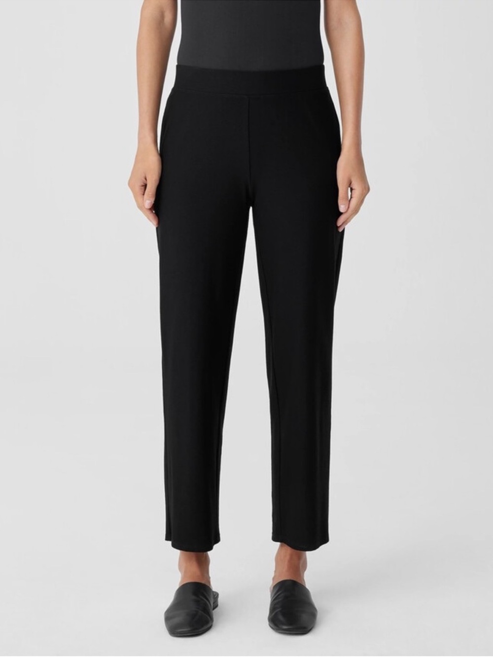 NWT Eileen Fisher Washable Stretch Crepe High-Rise Black Knit Straight Pant, L
